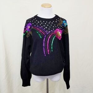 Vintage Sequin Gem Sweater Black Rainbow Floral Beaded Women's Medium